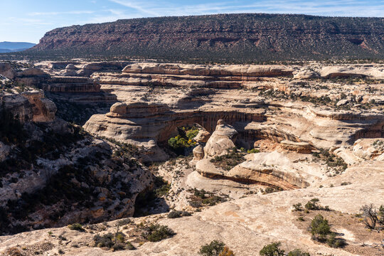 Natural Bridges National Monument in Utah. A natural bridge is formed through erosion by water flowing in the stream bed of the canyon. Sipapu Bridge from Bridge View Drive.