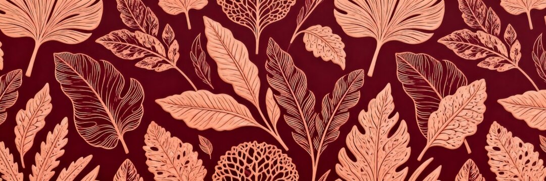 Elegant botanical maroon color engraved leaf pattern on burgundy background with peach linework creating dense modern decorative wallpaper design