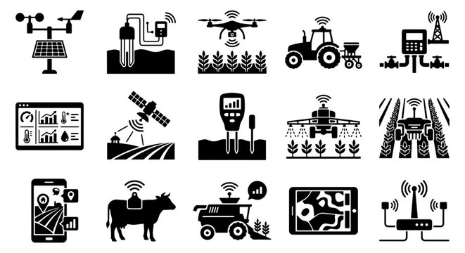 Smart agriculture icon set, 15 precision farming vector elements, digital agronomy and automated tractor symbols, innovative agritech icons for modern farming