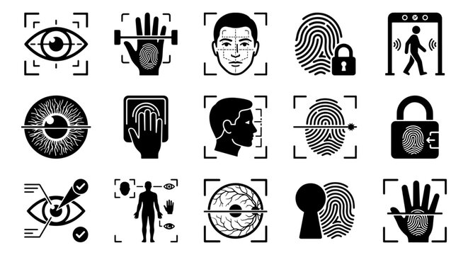 Biometric identification icon set, facial recognition and fingerprint scanning symbols, 15 black vector elements for digital security and access control