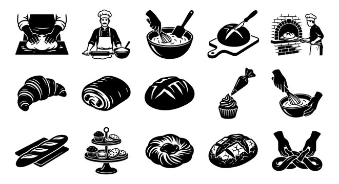 Vintage bakery icons set, black and white bread illustrations, 15 vector elements for pastry shop branding, artisanal baking process graphics