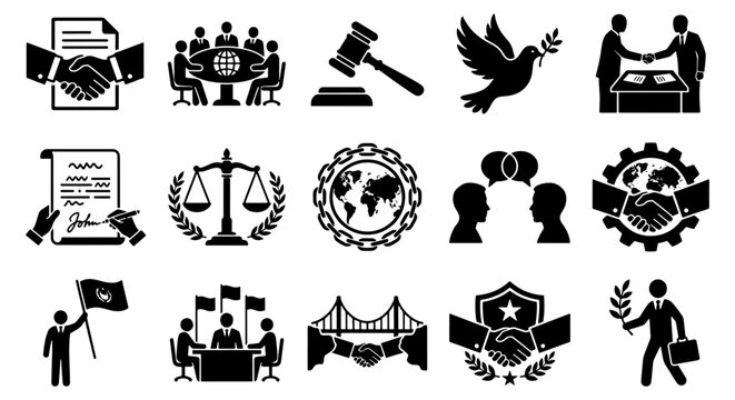 Diplomacy and international relations icon set, 15 black vector symbols for peace and global cooperation, legal justice and negotiation icons