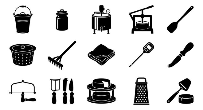 Professional cheesemaking equipment icons, 15 black vector elements for dairy production, artisanal cheese making tools and kitchen utensils set