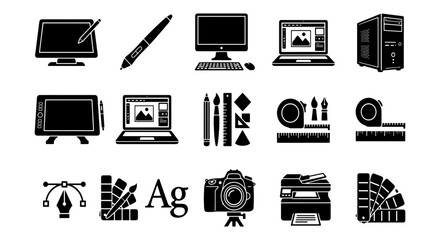 Graphic design equipment icons, professional digital artist tools set, 15 black vector silhouettes of computer hardware and creative supplies © MdNayeem