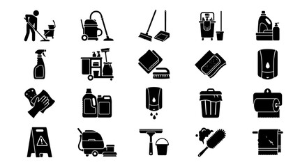 Professional cleaning service icons set, janitorial equipment and hygiene supplies vector collection, 20 black silhouette housework symbols for commercial maintenance © MdNayeem