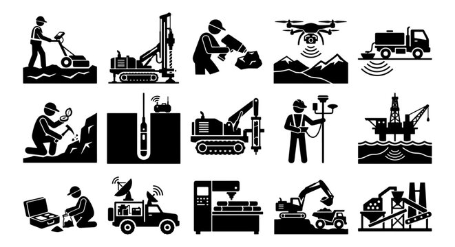 Industrial mining and geological survey icons set, heavy machinery and mineral exploration vector illustrations, 15 black pictograms for engineering