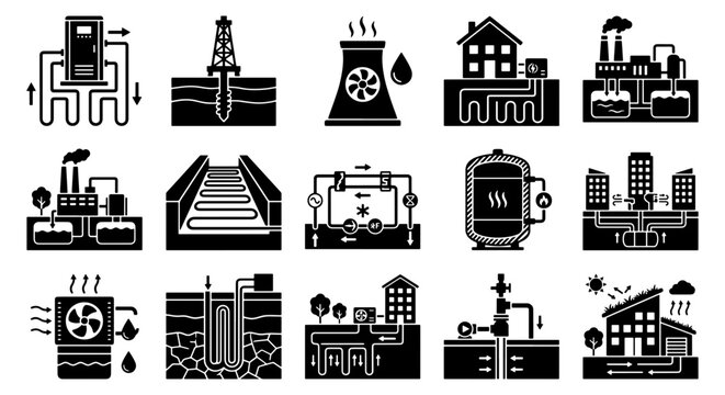 Geothermal energy icon set, 15 renewable heating and cooling vector elements, sustainable ground source heat pump systems for residential and industrial use
