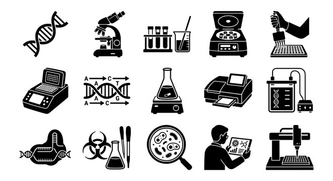Laboratory equipment icons set, 15 biotechnology and genetics vector elements, scientific research tools for DNA analysis and medical testing