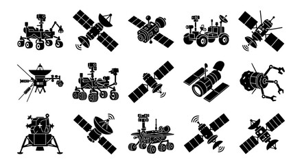 Space exploration icons set, 15 black vector silhouettes of mars rovers and satellites, lunar lander and orbital spacecraft equipment for science research © Ariful