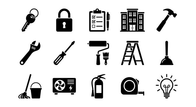 Property maintenance icons set, 15 black vector symbols for home repair and facility management, construction tools and building services collection