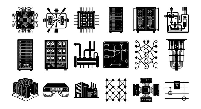 Quantum computing and data center icons, 18 black vector elements, server racks and microchip hardware, supercomputer technology symbols