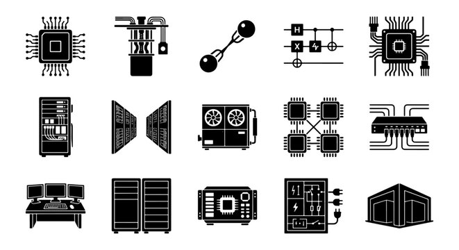 Quantum computing and supercomputer hardware icons, 15 black vector elements, data center server racks and microprocessor technology symbols