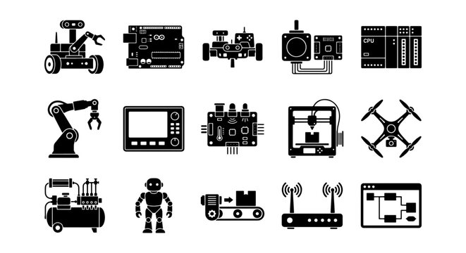 Robotics and industrial automation icons set, 15 black vector elements for engineering and manufacturing, robotic arm and drone symbols