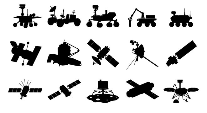 Space exploration vector icons set, 15 black silhouettes of mars rovers and orbital satellites, lunar landers and robotic spacecraft equipment