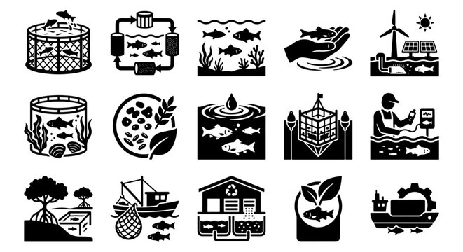 Sustainable aquaculture and fish farming icons, 15 black vector elements for commercial fishing industry, eco-friendly seafood production and marine biology