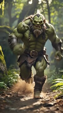 Fierce Orc Warrior Charging Through Lush Forest Path.