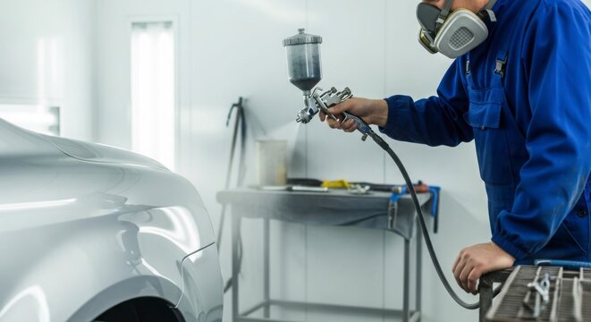Mechanic painting a car in a workshop