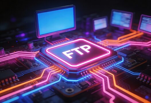 Close-up of an FTP server chip on a motherboard with neon lights, signifying file transfer technology.