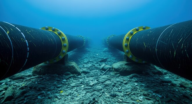 Underwater view of large industrial pipes on the seabed, representing subsea infrastructure.