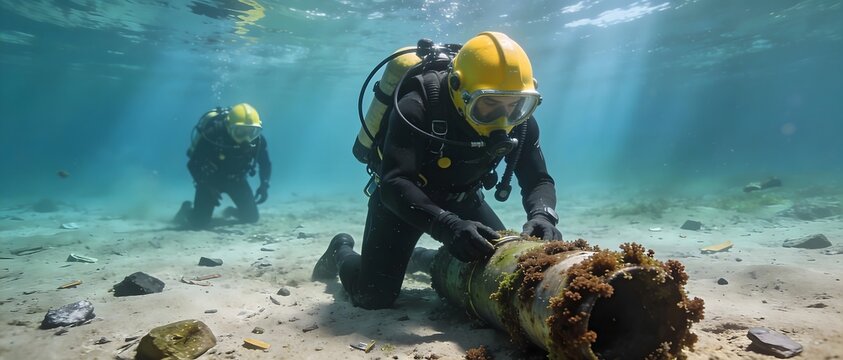 Two divers inspecting underwater pipe on the seabed, representing subsea maintenance and exploration.