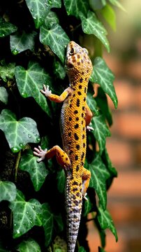 Leopard Gecko Climbing Green Ivy Plant Close-up.