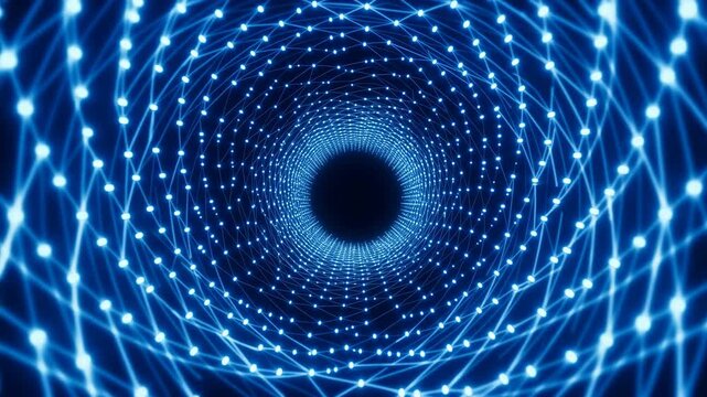 Futuristic Digital Scene Featuring Luminous Spiral With Pulsating Neon Grid And Swirling Particles