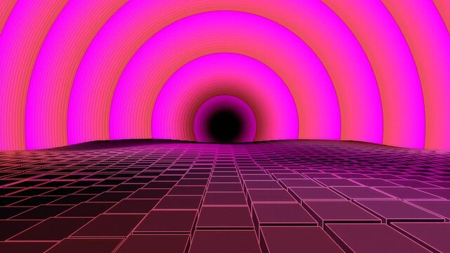 Background: 3D Neon Cube Corridor with circular patterns in pink and red, videotrons, advertising, gaming, virtual environments, music, digital billboards, virtual reality, live events, meeting