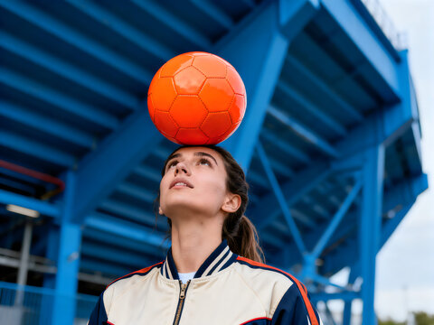 Athletic young woman balancing orange soccer ball on head, female football player at blue stadium, urban sports lifestyle and freestyle skill isolated on White Background