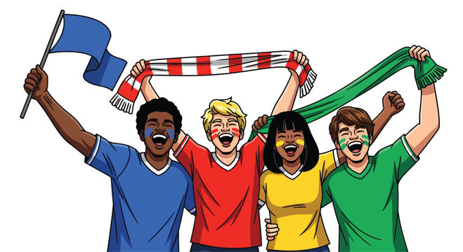 Supporters wearing team colors wave scarves and flags to cheer for their favorite soccer team.