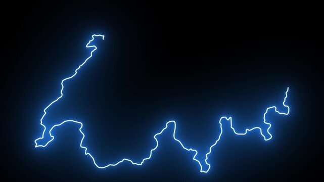 Glowing neon outline map of switzerland animation on black background