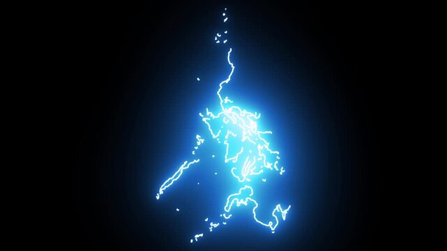 Glowing neon map of philippines with pulsing light effect on black background