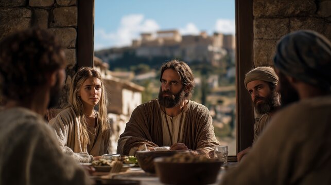 A thoughtful biblical scene of Christians in Corinth gathered at a dining table, discussing whether to eat food from pagan temples, with temple structures visible through an open window.

