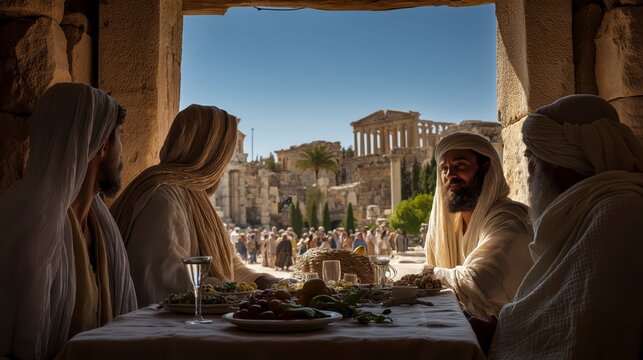 A thoughtful biblical scene of Christians in Corinth gathered at a dining table, discussing whether to eat food from pagan temples, with temple structures visible through an open window.
