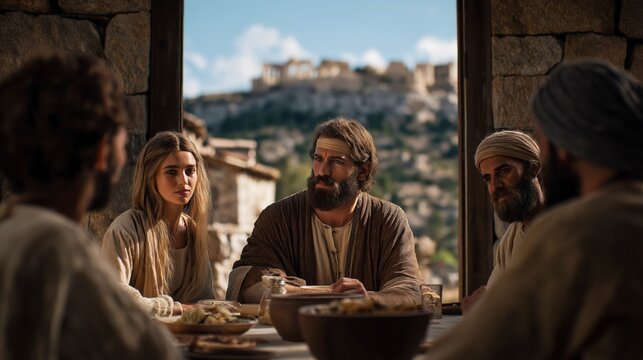 A thoughtful biblical scene of Christians in Corinth gathered at a dining table, discussing whether to eat food from pagan temples, with temple structures visible through an open window.
