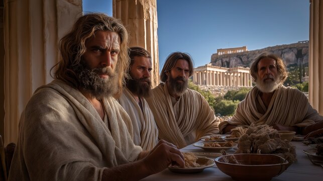 A thoughtful biblical scene of Christians in Corinth gathered at a dining table, discussing whether to eat food from pagan temples, with temple structures visible through an open window.
