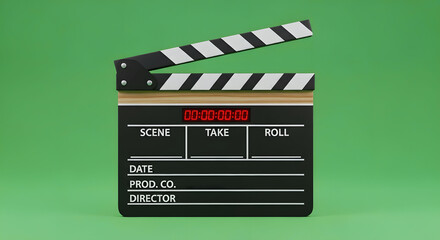 Naklejka premium Wooden film slate with white stripes on a green chroma key background, representing behind-the-scenes movie production, directing, and creative video editing