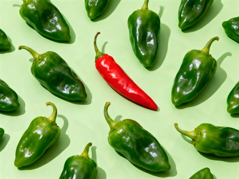 Vibrant red chili pepper among green padron peppers, unique leadership concept with spicy vegetables, flat lay of fresh organic peppers isolated on White Background