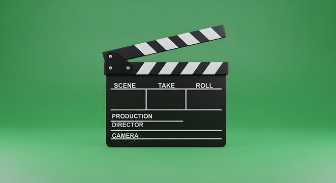 Cinematic movie clapperboard isolated on a vibrant green screen background, representing professional cinematography, video production, and the film industry