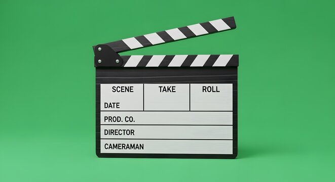A high-detail cinema clapper board on a green screen, representing film industry production, video editing, and cinematography for professional movie makers