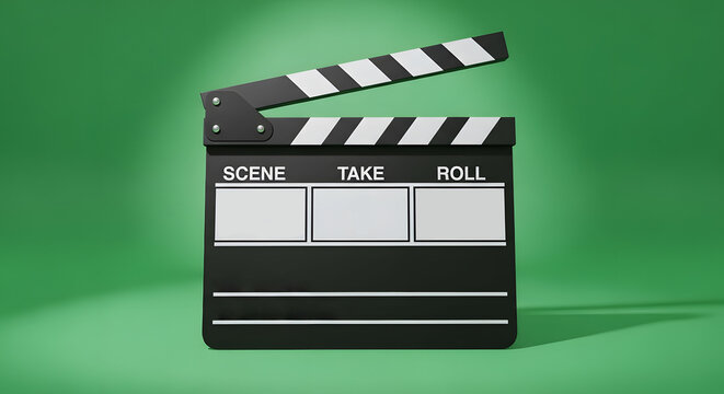 Professional black movie clapper board with white text on a solid green background, perfect for film production, cinema industry, and video editing projects