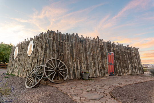 Navajo Shadehouse Museum replica Fork Stick Hogan in Kayenta, Arizona. A hogan is the primary, traditional dwelling of the Navajo people. Conical Hogan or male hogan was used for ceremony and shelter.