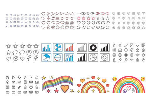 Collection of social media, web interface, and rainbow themed and