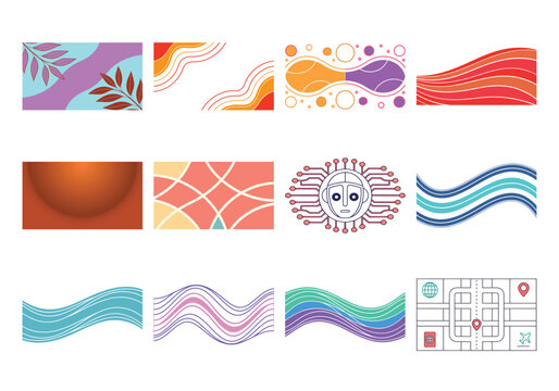 Set of abstract panels featuring technology maps, and wavy line patterns