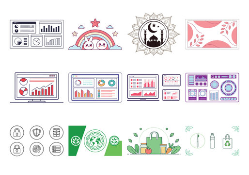 Set of data dashboard islamic motifs, and environmental sustainability