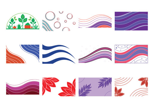 Collection of decorative with floral and wavy line patterns on white background