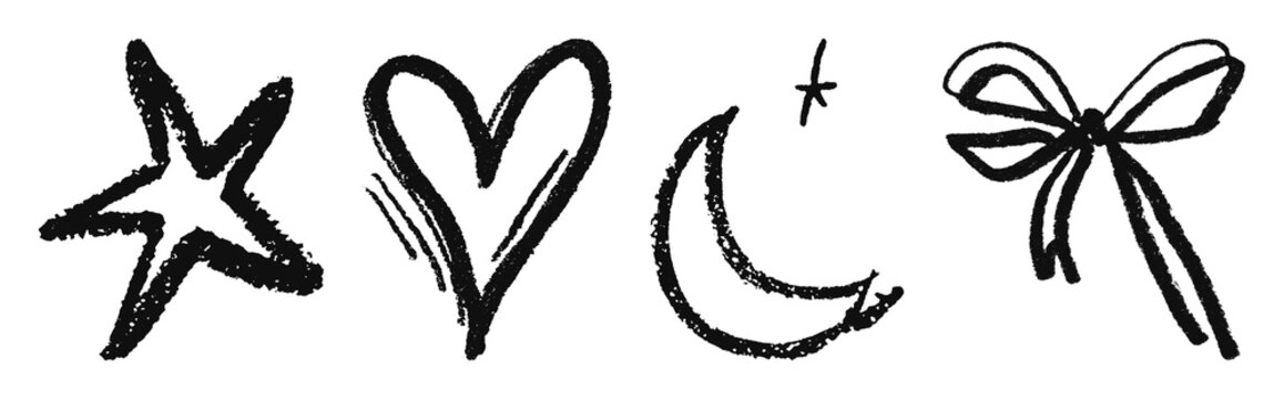 PNG Hand-drawn symbols: star, heart, moon, bow on transparent background