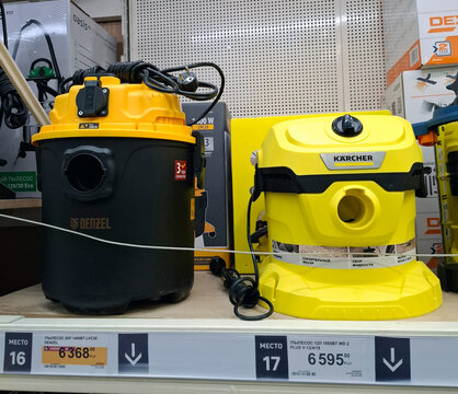 VORONEZH, Russia - April 8, 2026.Display of Denzel and Karcher vacuum cleaners for sale in home improvement store in Russia