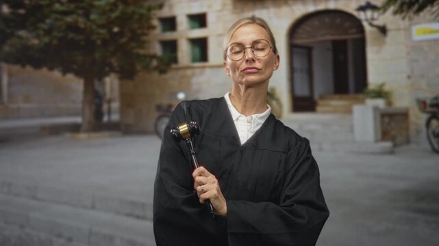 Woman judge in black robe holds gavel with hand visible near chest on courthouse steps in building; judgment authority duty.