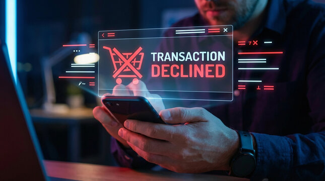 Businessman using smartphone with holographic transaction declined error notification, failed payment alert, digital banking rejection and financial transaction failure concept in dark office