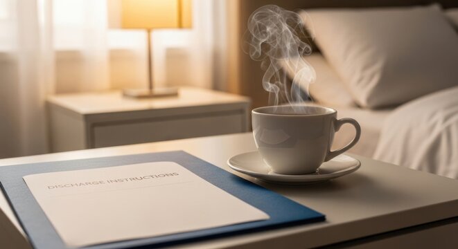 Hospital discharge instructions paper and a steaming hot cup of tea sit on a white table in a cozy, sunlit recovery room.